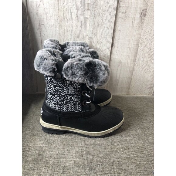 London Fog Boots Size 8 M LFW Milly B Black Gray Combo Furry Snow Winter Lace Up - Picture 2 of 8